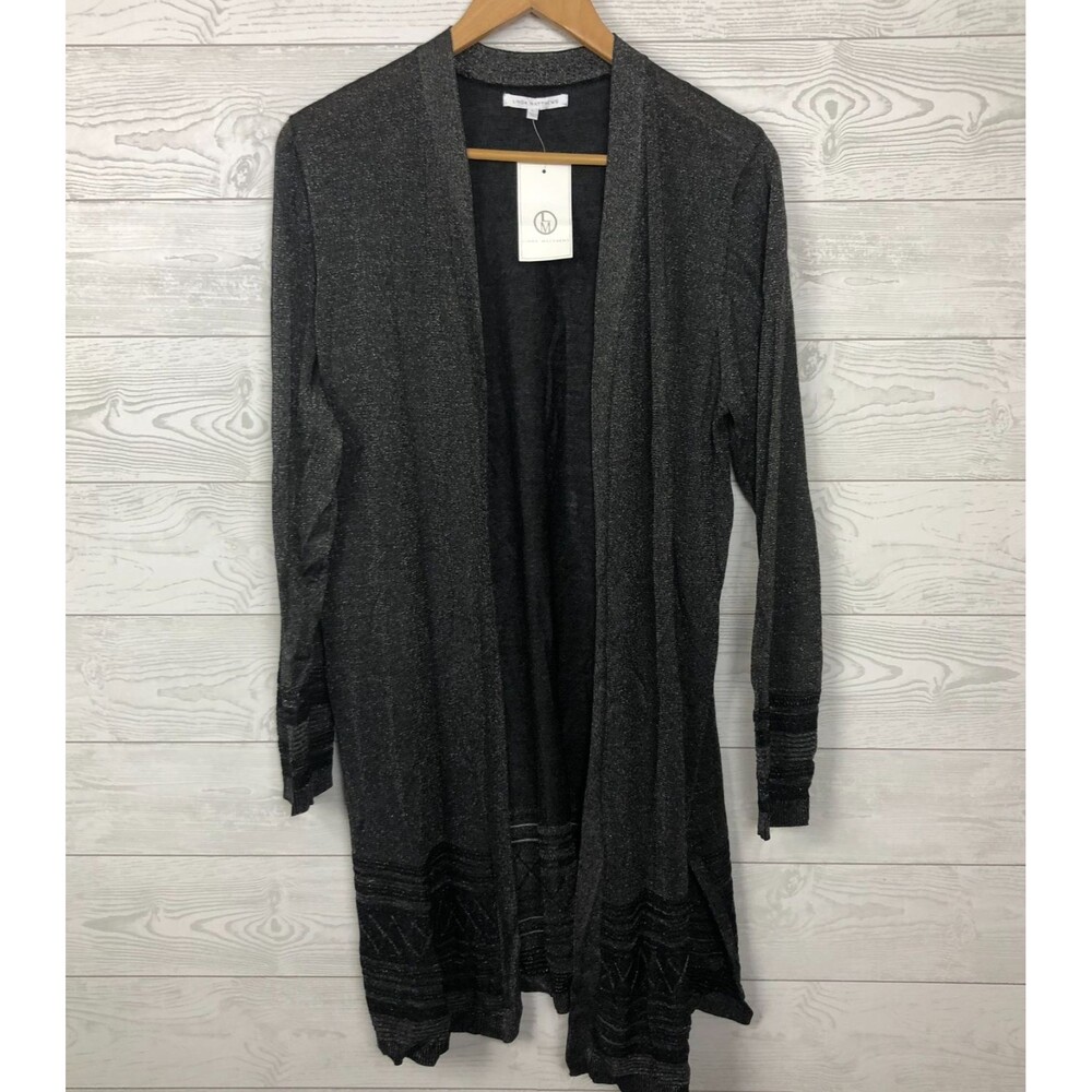 NWT Linda Matthews Women's Large Metallic Weave Open Front Duster Cardigan Gray